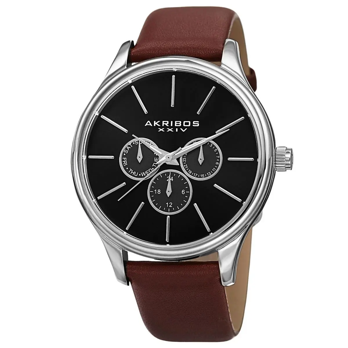 Akribos Xxiv AK870BR Day/date Black Sunray Dial Brown Leather Strap Men Watch