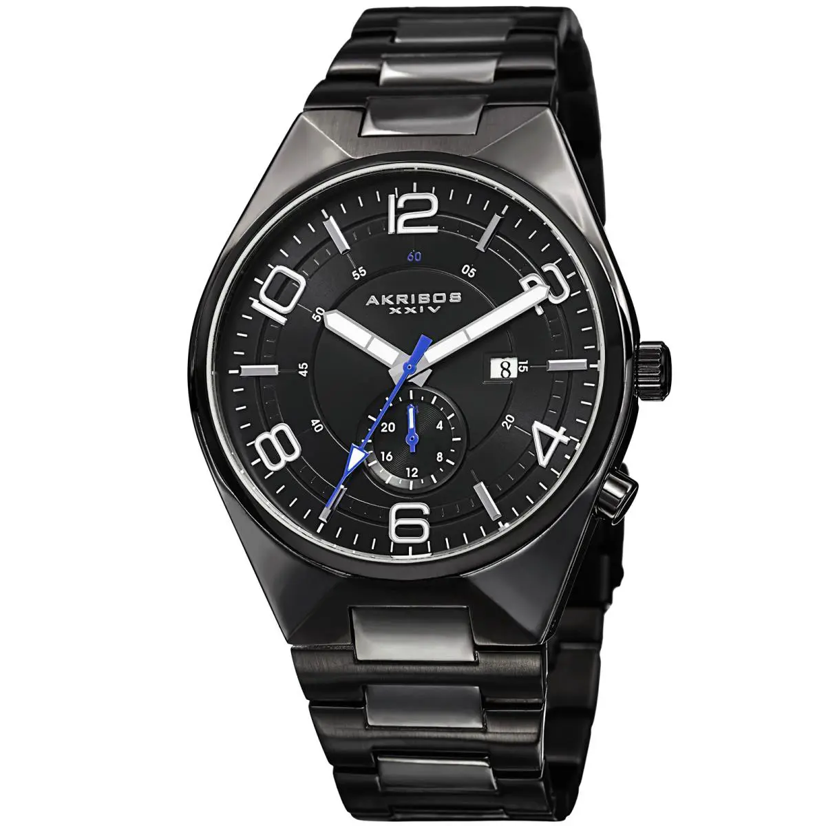 Men`s Akribos Xxiv AK849BK Swiss Dual-time Date Black Dial Stainless Steel Watch