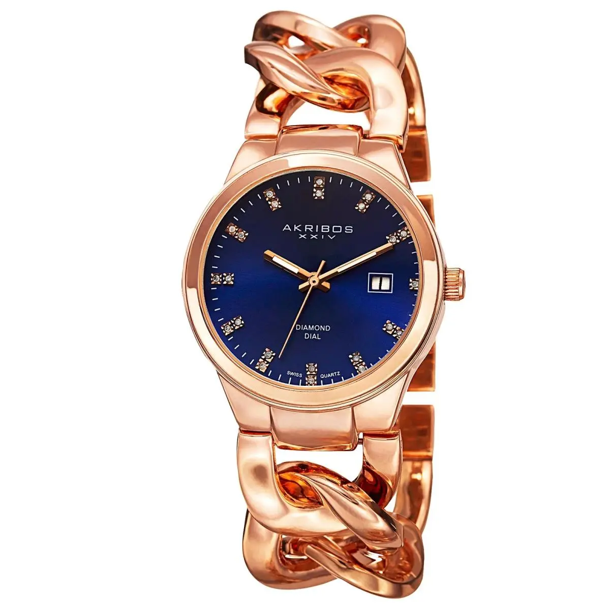 Women`s Akribos Xxiv AK759RGBU Diamond Blue Dial Rose Gold Chain Bracelet Watch