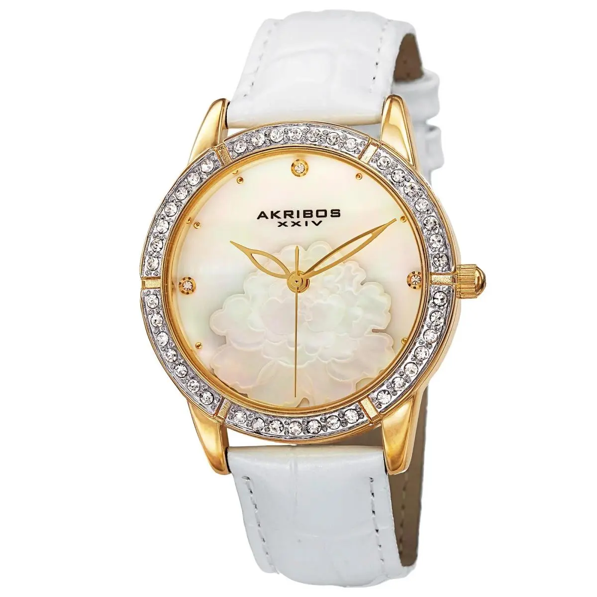 Women`s Akribos Xxiv AK805YG Quartz Movement Bezel Mop Dial White Leather Watch