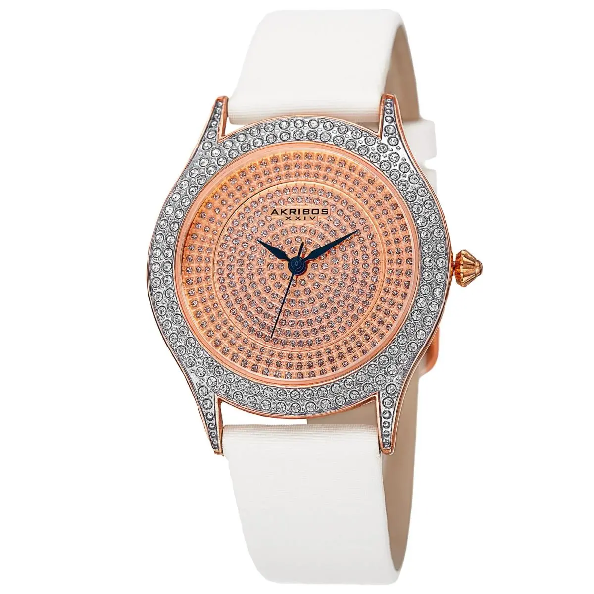Women`s Akribos Xxiv AK896WTR Rose-tone Dial Crystal Pave White Blue Steel Watch