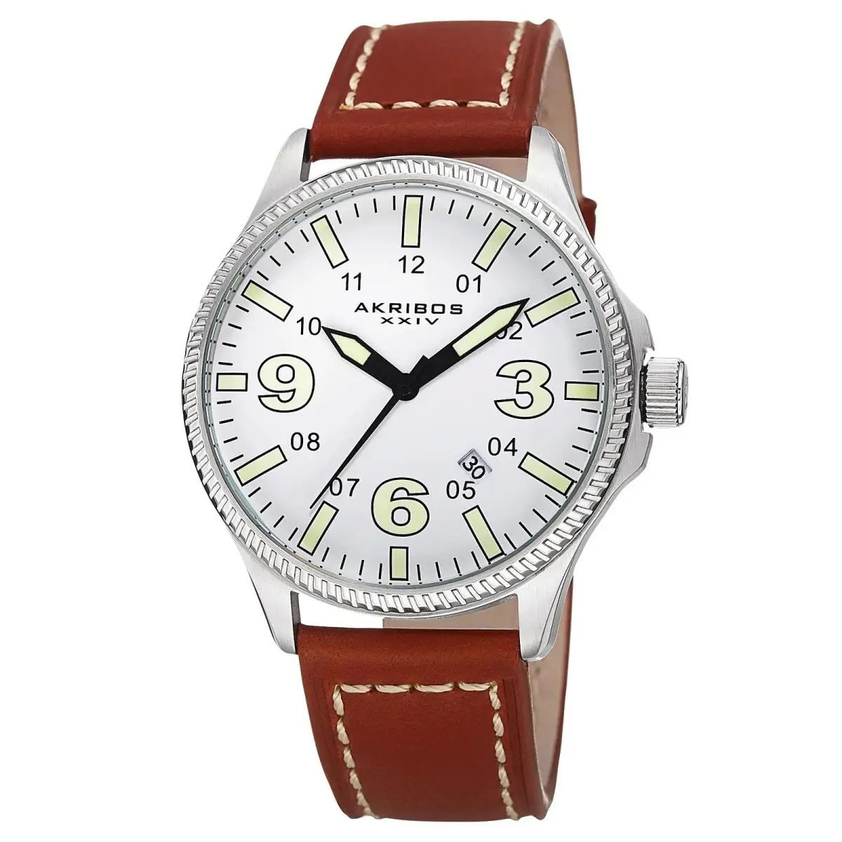 Akribos Xxiv AK833SSBR Quartz Date Brown Leather Men`s Watch