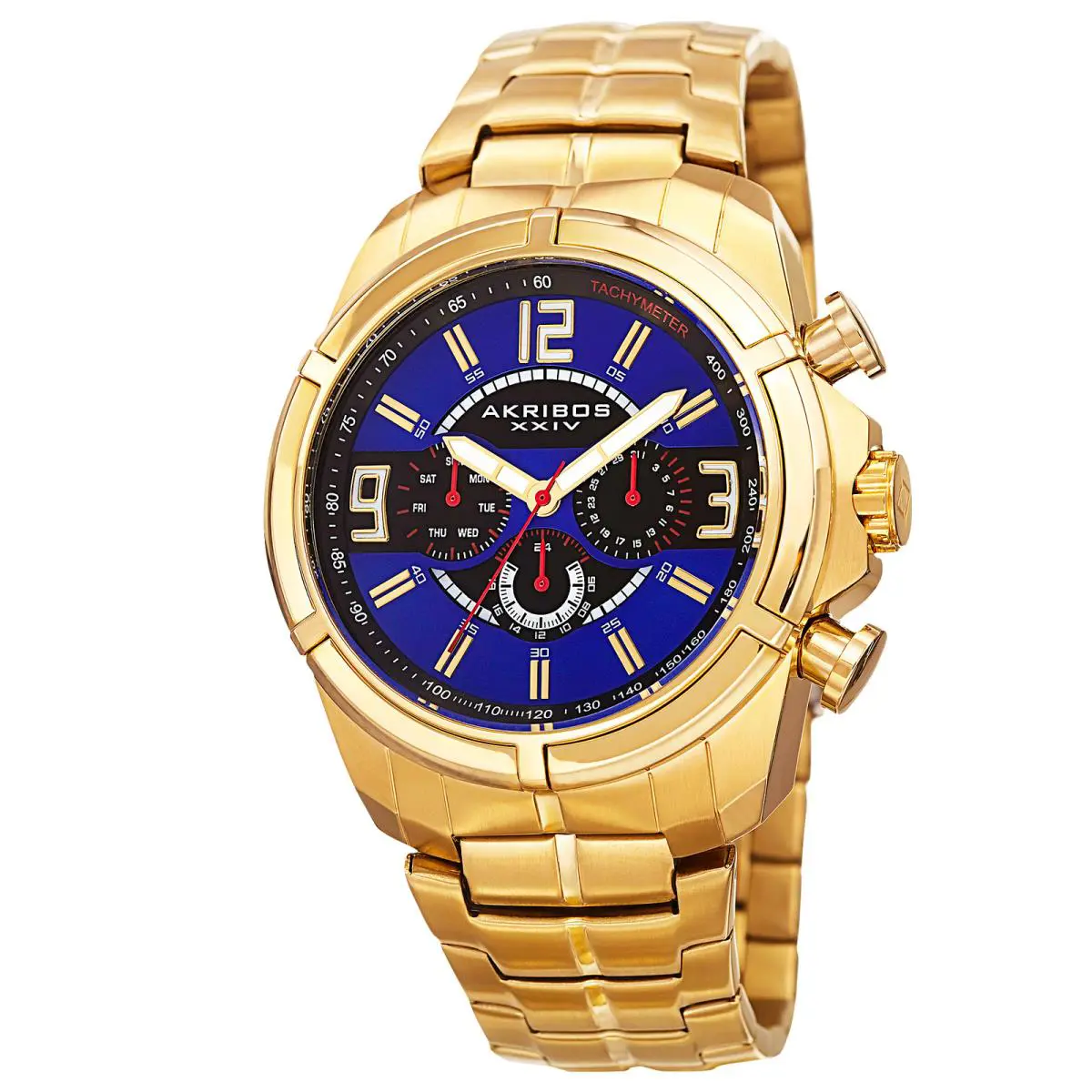 Men`s Akribos Xxiv AK832YGBU Blue Dial Two Time Zone Gold-tone Bracelet Watch