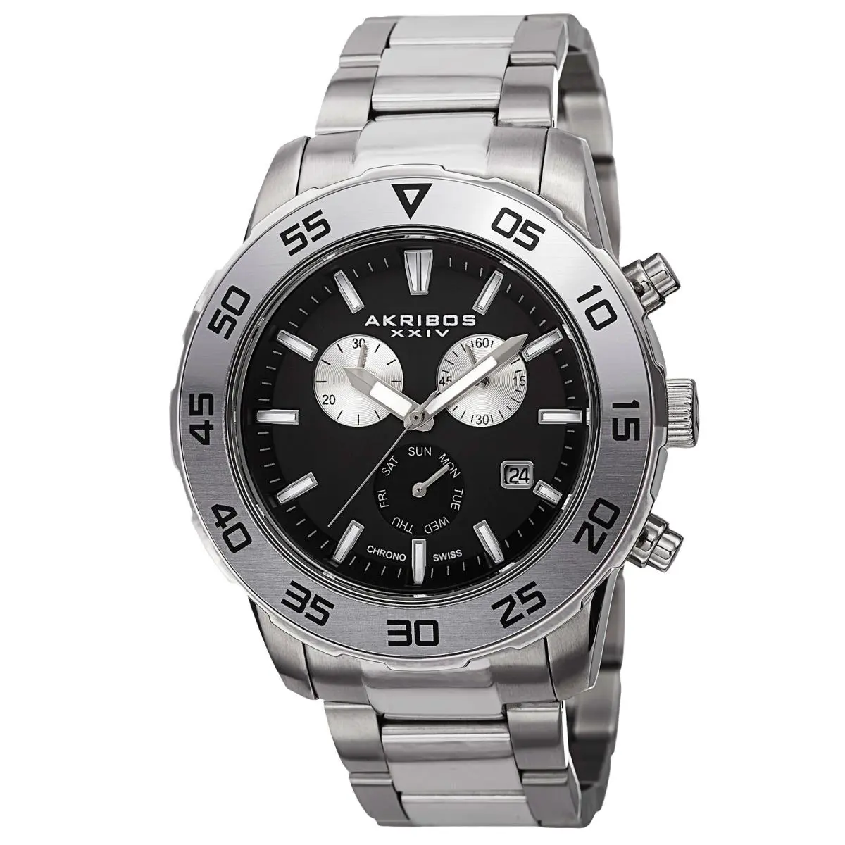 Men`s Akribos Xxiv AK669SSB Chronograph Black Dial Stainless Steel Watch
