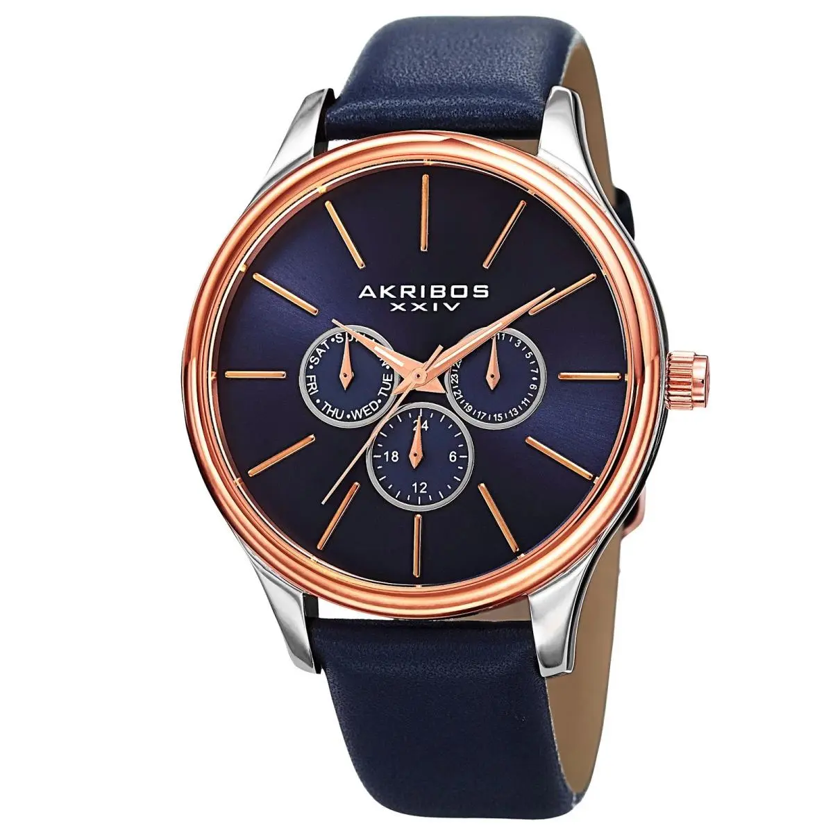 Akribos Xxiv AK870BU Quartz Day/date Sunray Dial Blue Leather Strap Men`s Watch