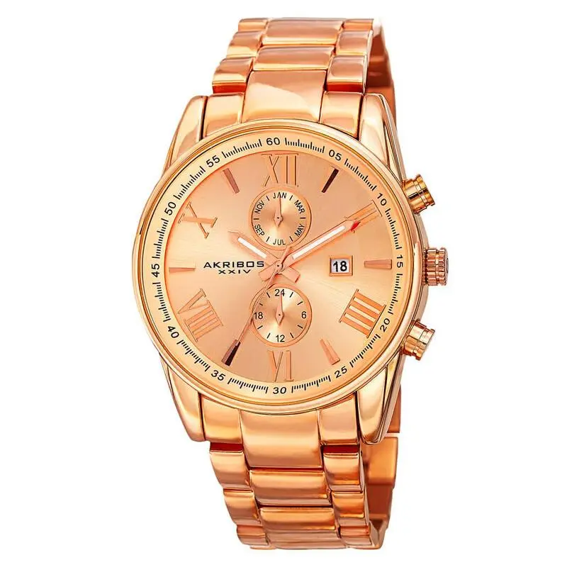 Akribos Xxiv AK812RG Men`s Swiss Dual Time Rose-tone Stainless Steel Watch