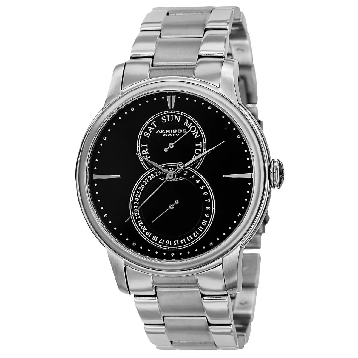 Men`s Akribos Xxiv AK728SSB Black Multifunction Day/date Stainless Steel Watch