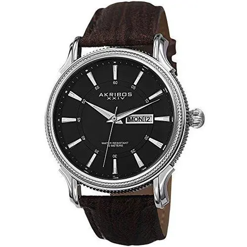 Men`s Akribos Xxiv AK726BR Quartz Day Date Brown Leather Strap Watch