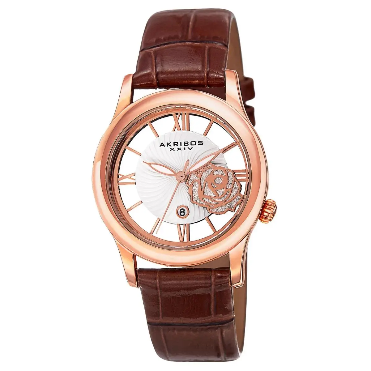 Women`s Akribos Xxiv AK837RGBR Quartz Date Floral Dial Brown Strap Leather Watch
