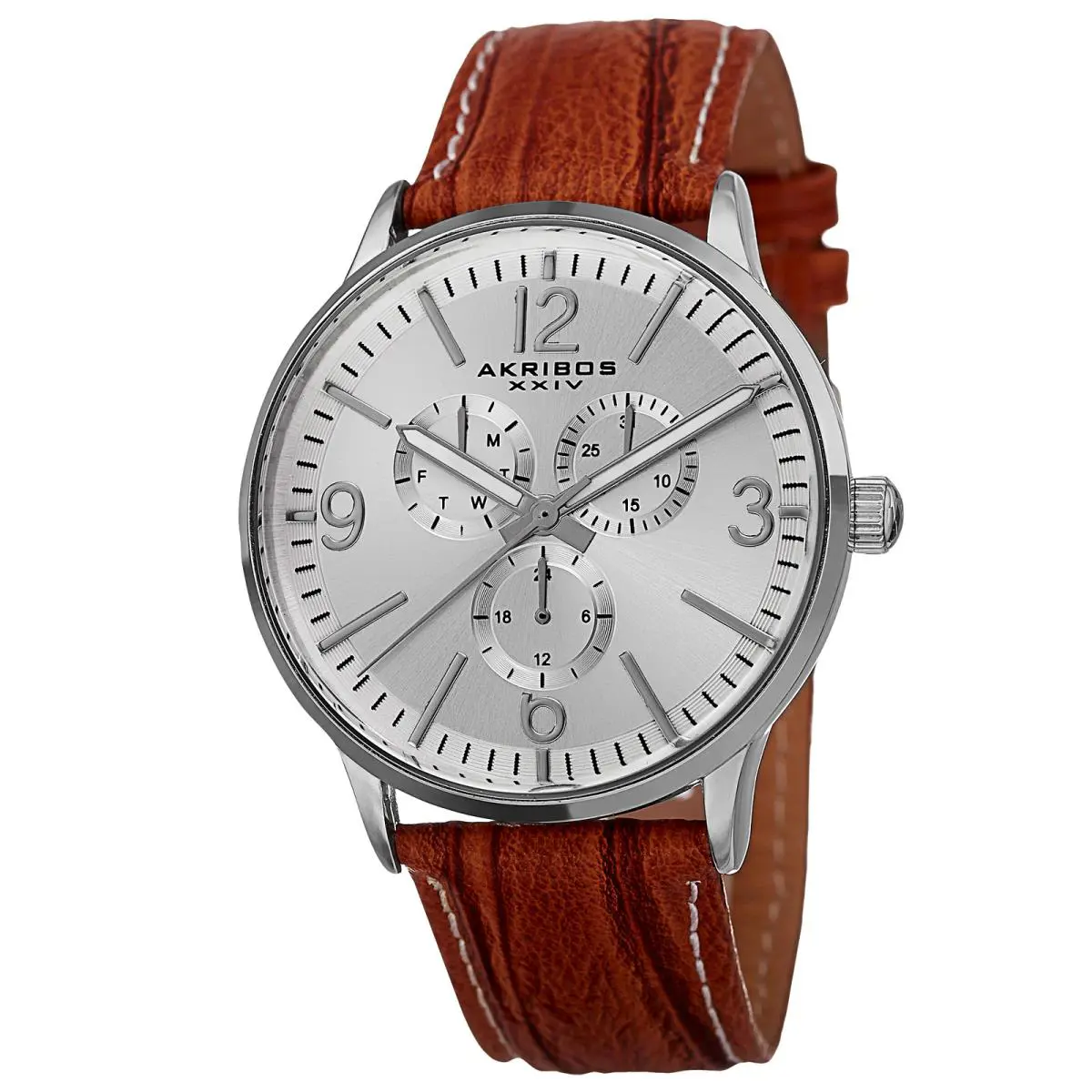 Men`s Akribos Xxiv AK769BR Quartz Multifunction Brown Leather Strap Watch