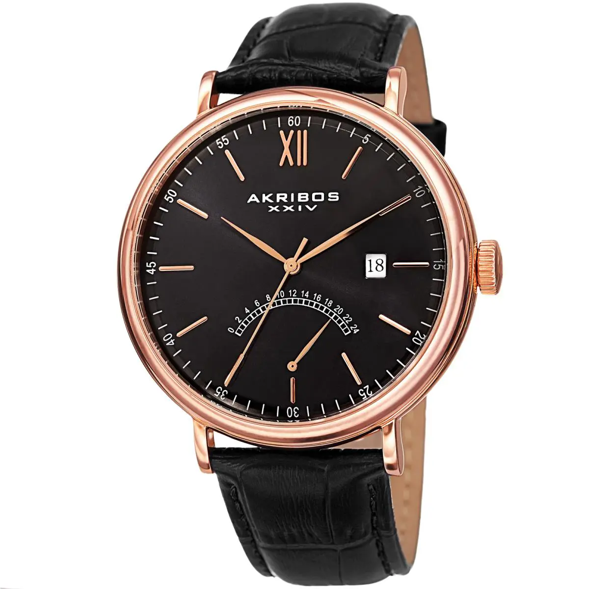 Men`s Akribos Xxiv AK845RGBK Rose-tone Retrograde Black Leather Strap Watch