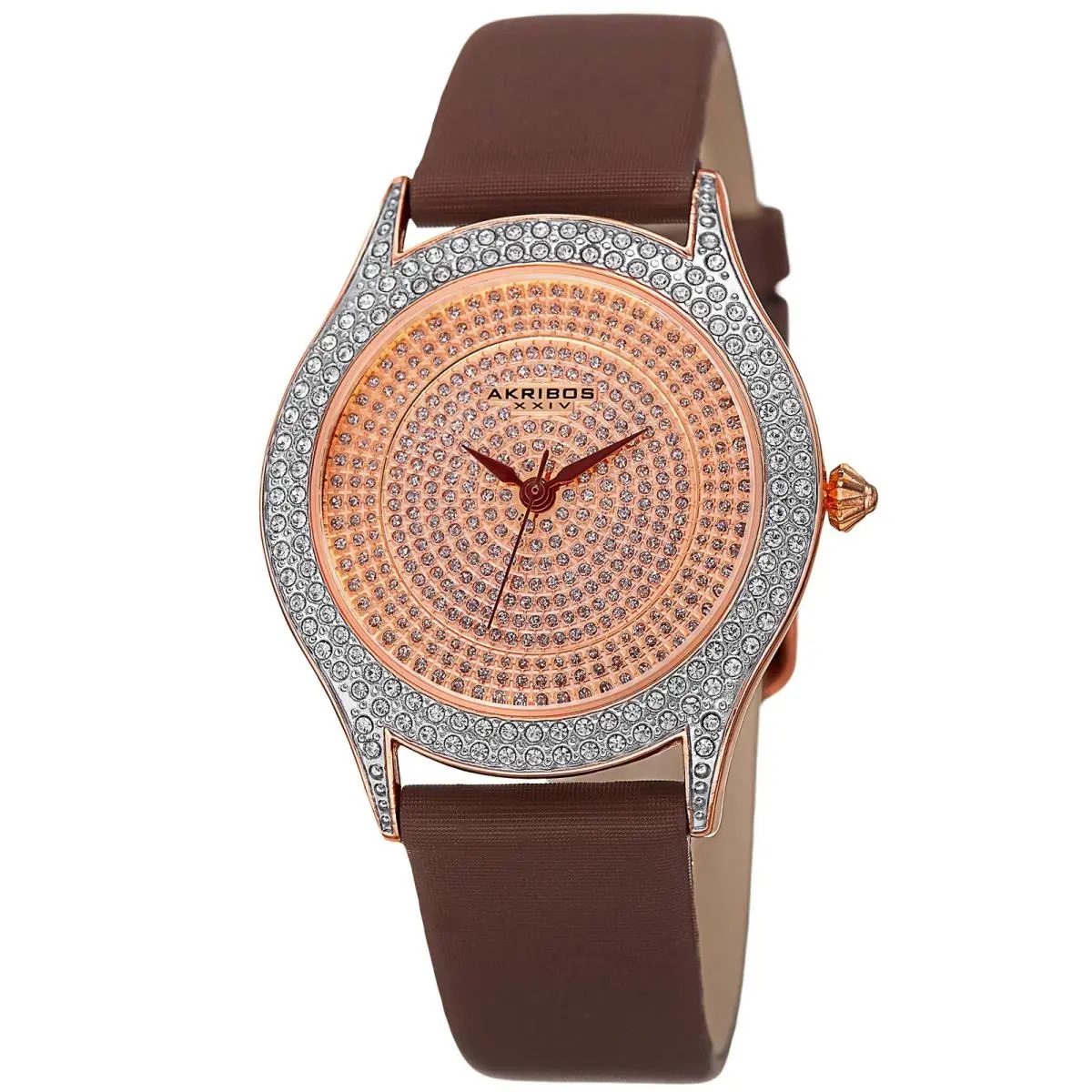 Women`s Akribos Xxiv AK896BR Rose Gold Dial Crystal Pave Brown Satin Strap Watch
