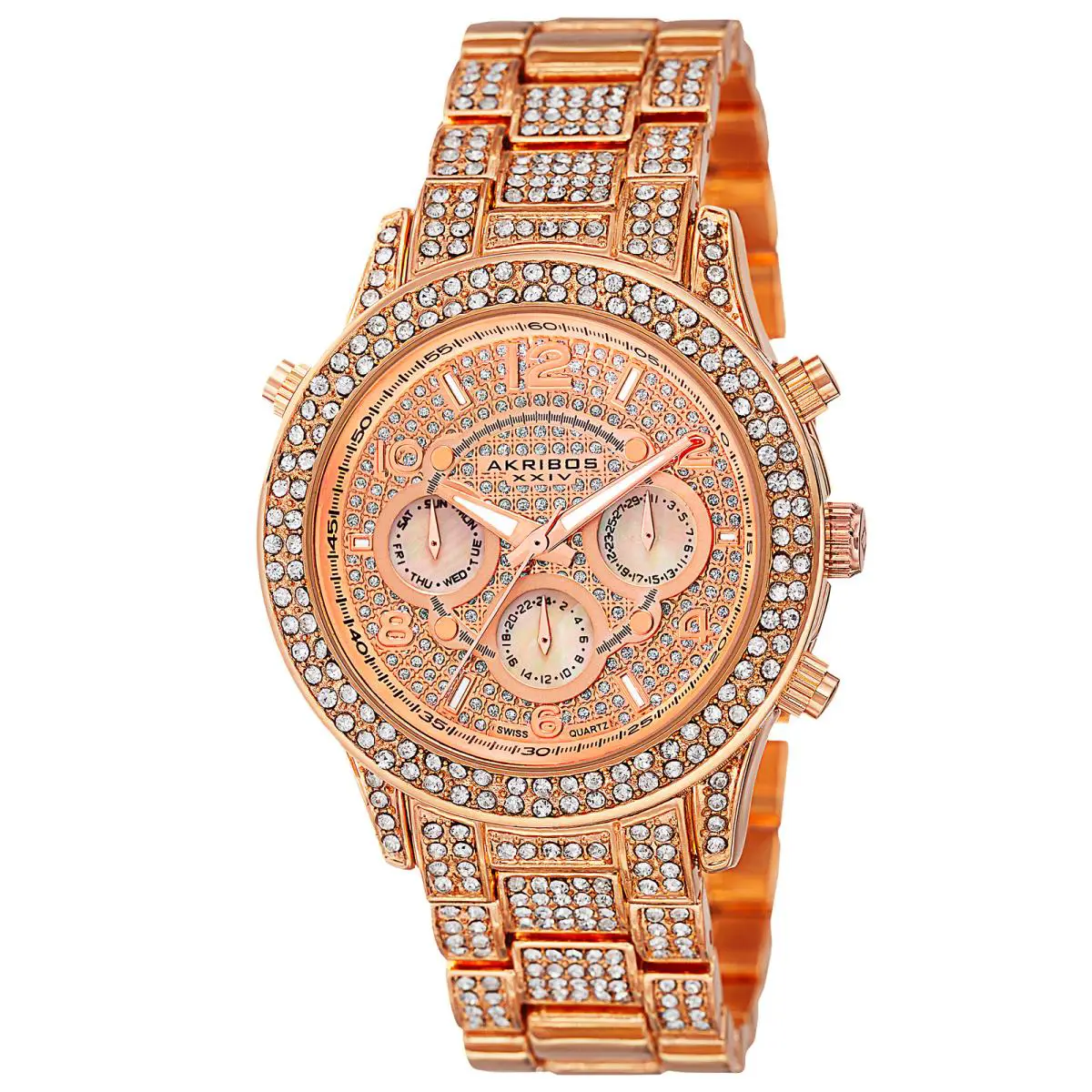 Women`s Akribos Xxiv AK776RG Crystal Accented Multifunction Rose-tone Watch