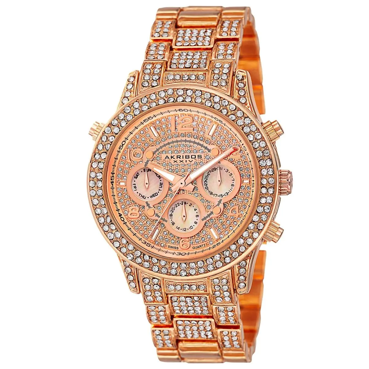 Women`s Akribos Xxiv AK776RG Quartz Gmt Date Multifunction Rose-tone Watch