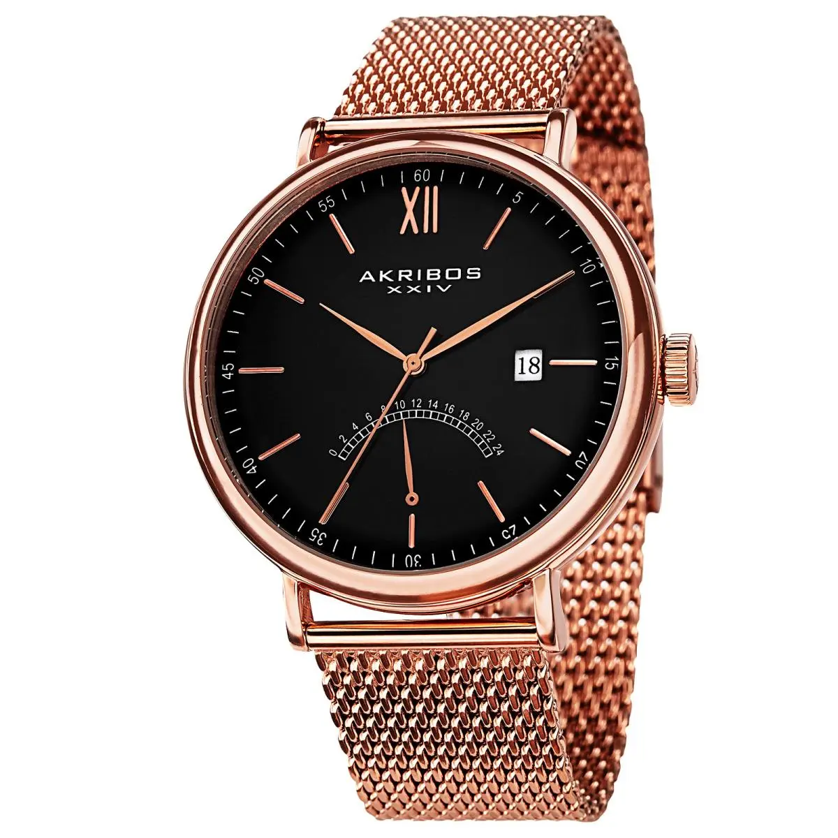 Men`s Akribos Xxiv AK731RG Quartz Gmt Rose-tone Date Stainless Steel Mesh Watch by Akribos XXIV