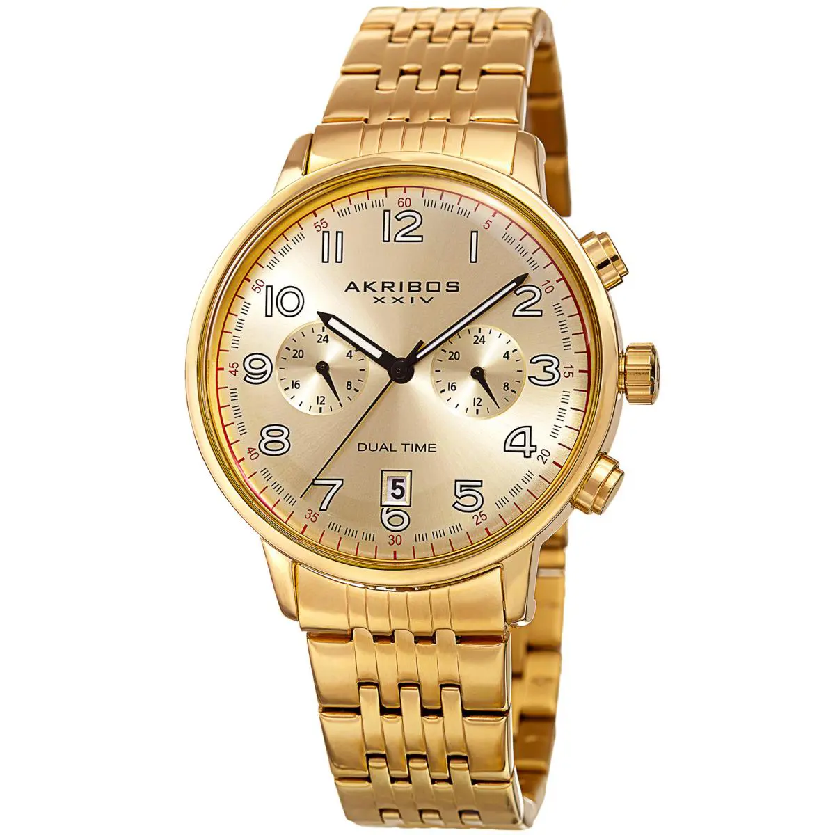 Men`s Akribos Xxiv AK942YG Champagne Two Time Zone Domed Crystal Bracelet Watch by Akribos XXIV