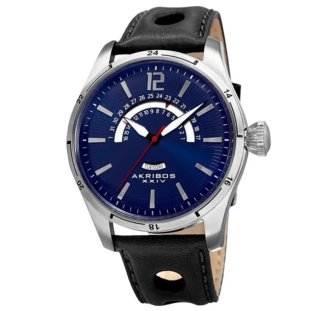 Men`s Akribos Xxiv AK850BU Blue Dial Retrograde Date Black Leather Strap Watch by Akribos XXIV
