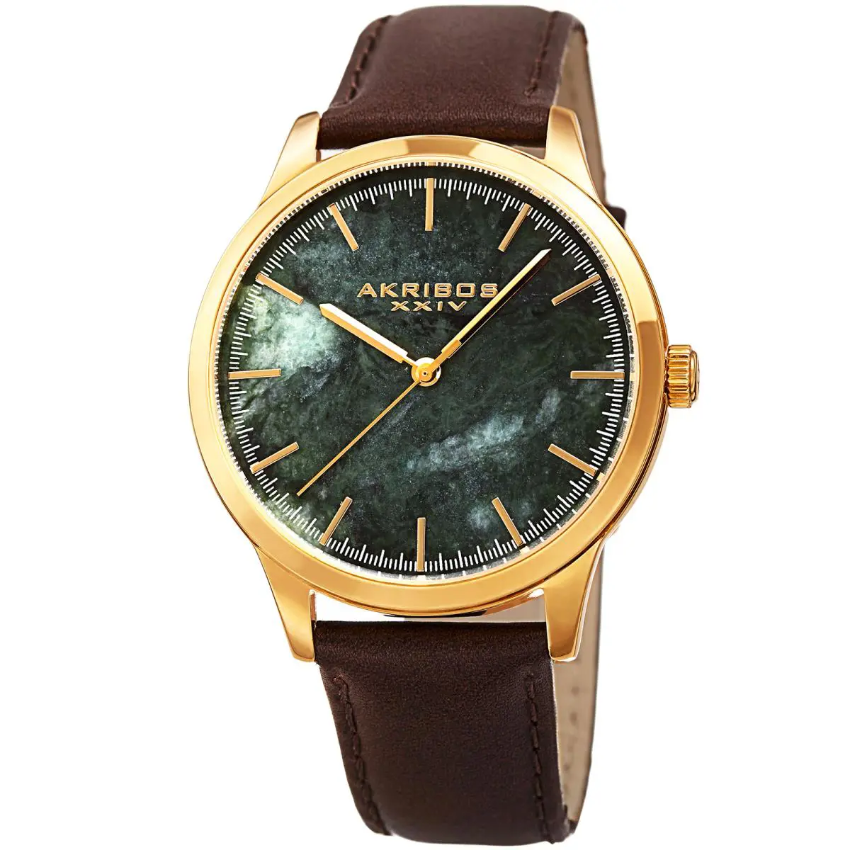 Men`s Akribos Xxiv AK937BRGN Green Marble Stone Leather Strap Watch