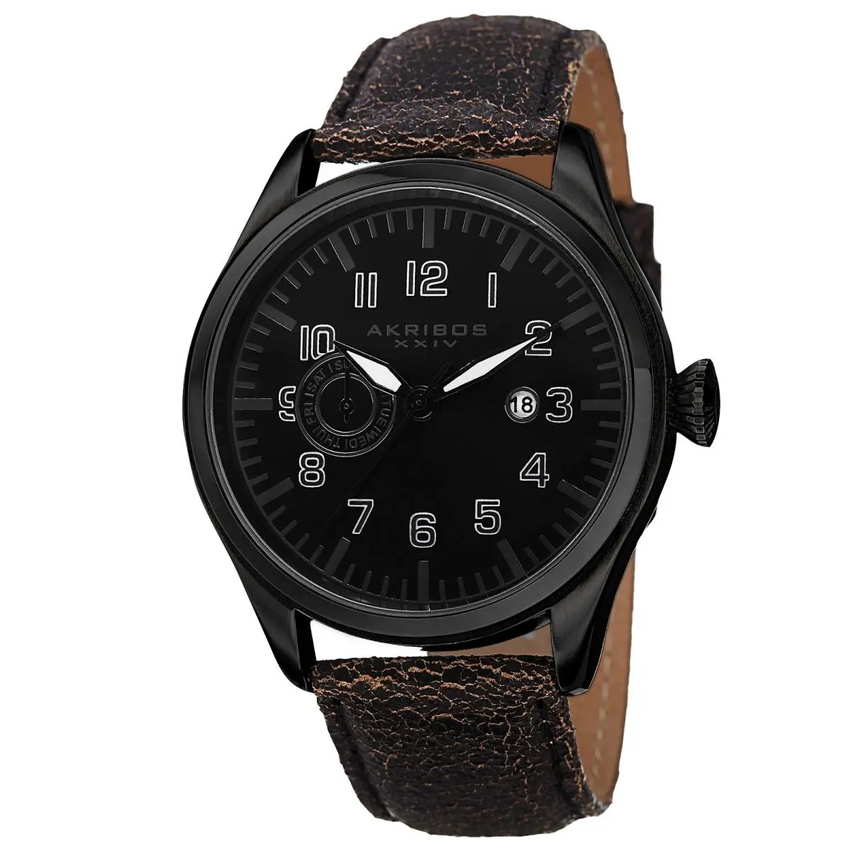 Men`s Akribos Xxiv AK785BK Swiss Day/date Distressed Black Leather Strap Watch