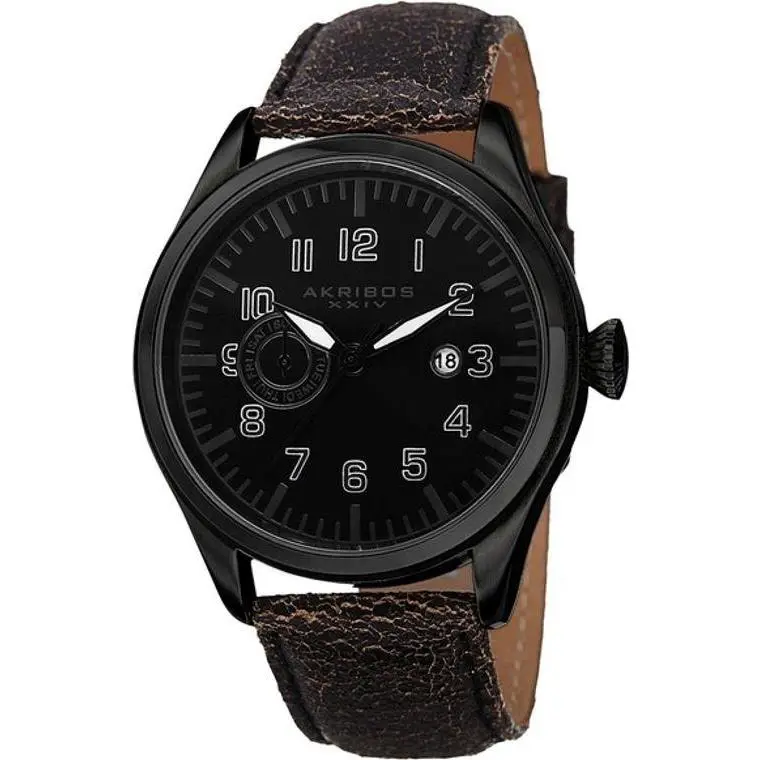 Men`s Akribos Xxiv AK785BK Swiss Day/date Distressed Black Leather Strap Watch
