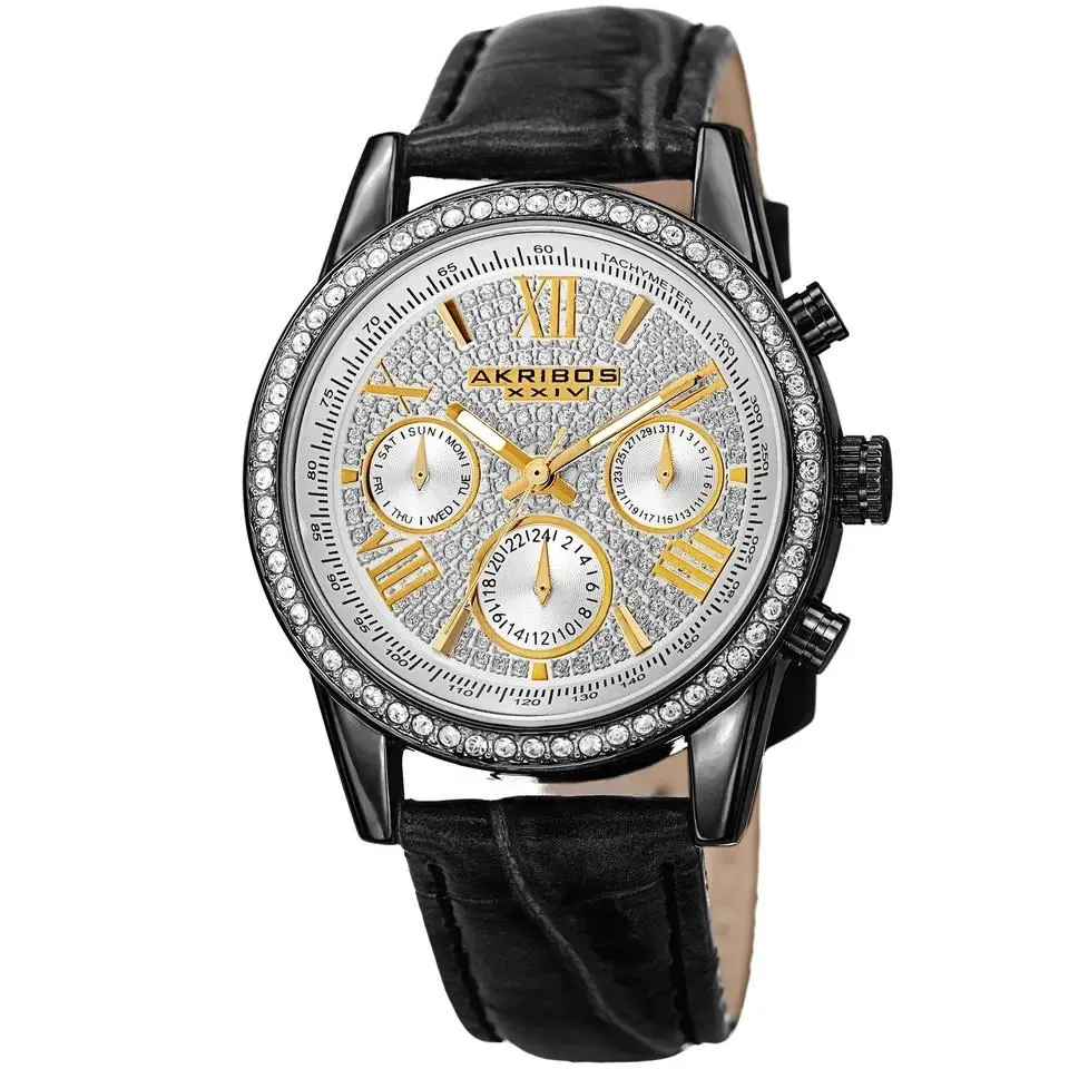 Women`s Akribos Xxiv AK871BK Silver-tone Multifunction Crystal Black Strap Watch