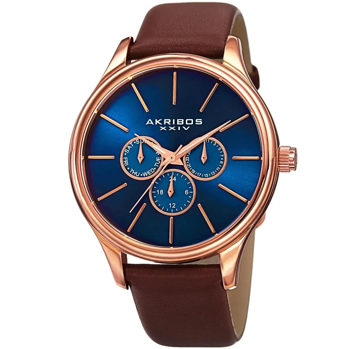 Akribos Xxiv AK870RGBU Men`s Day/date Blue Sunray Dial Brown Leather Strap Watch