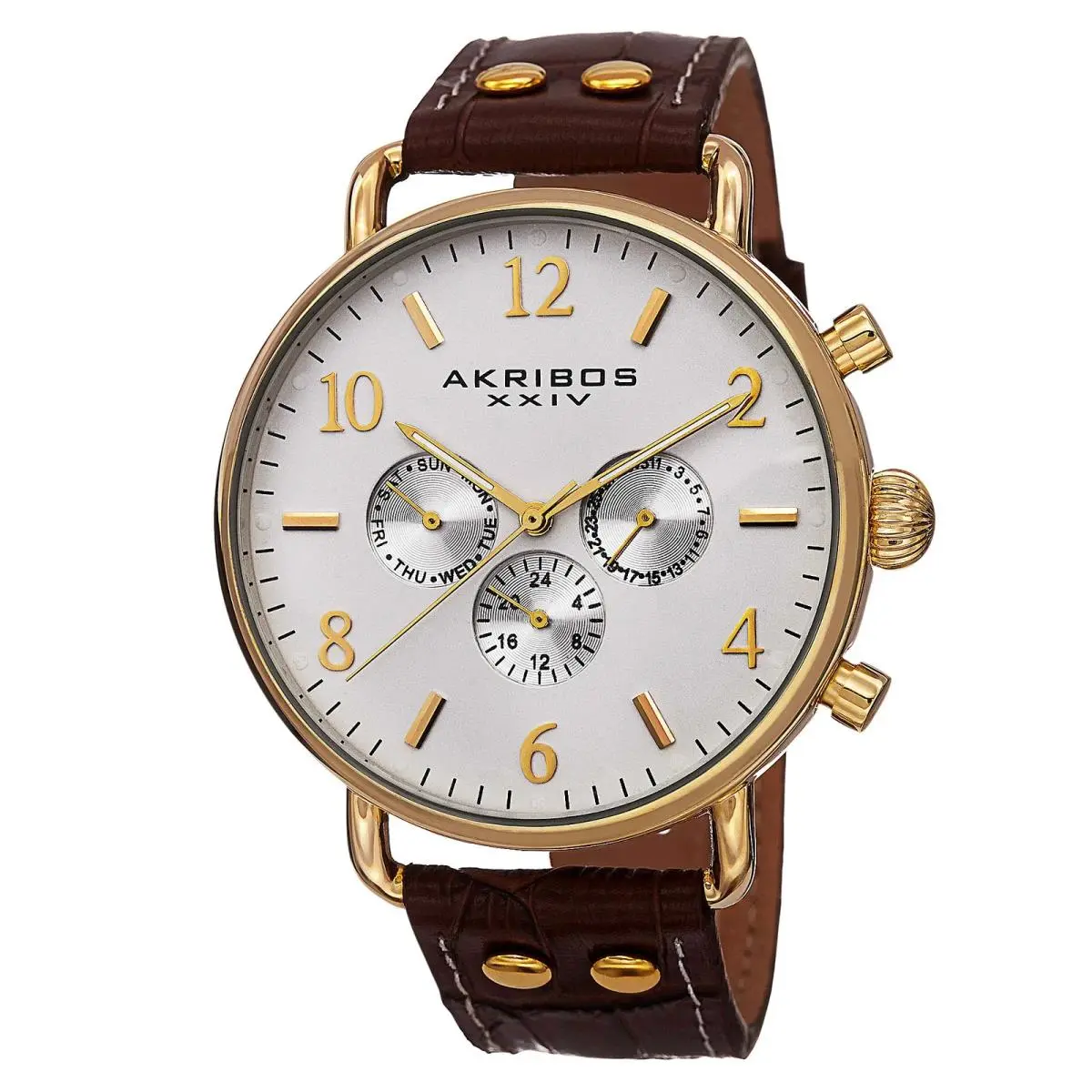 Men`s Akribos Xxiv AK752BR Swiss Quartz Cream Dial Gold Tone Brown Leather Watch