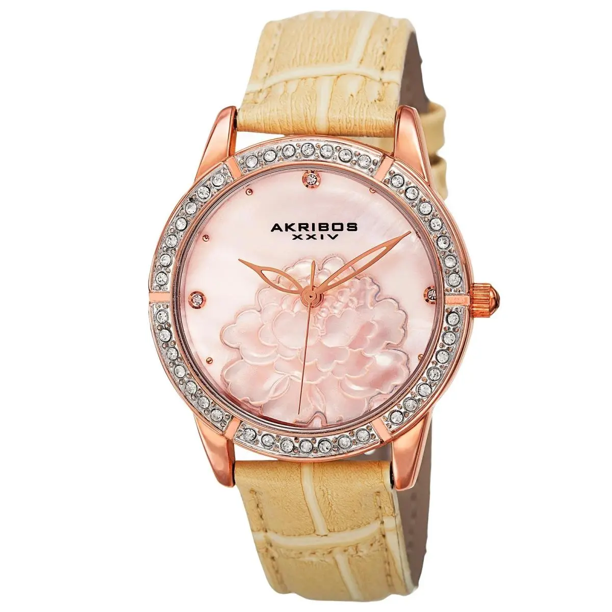 Women`s Akribos Xxiv AK805RG Quartz Gold Bracelet Mop Dial Beige Leather Watch