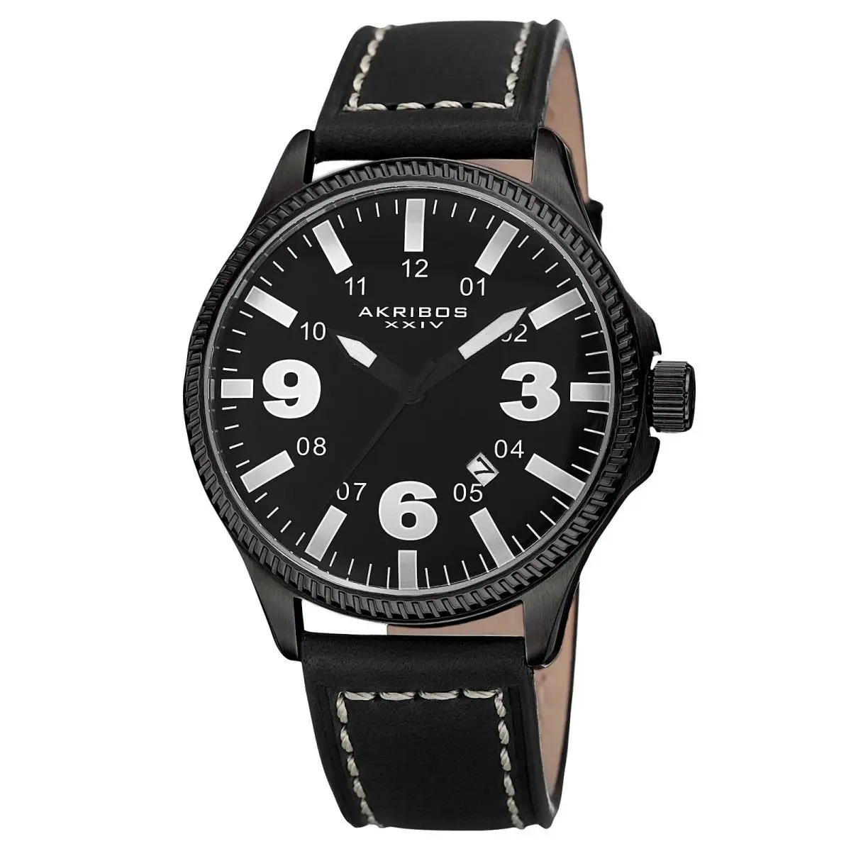Akribos Xxiv AK833WT Easy-to-read Quartz Date Black Leather Men`s Watch