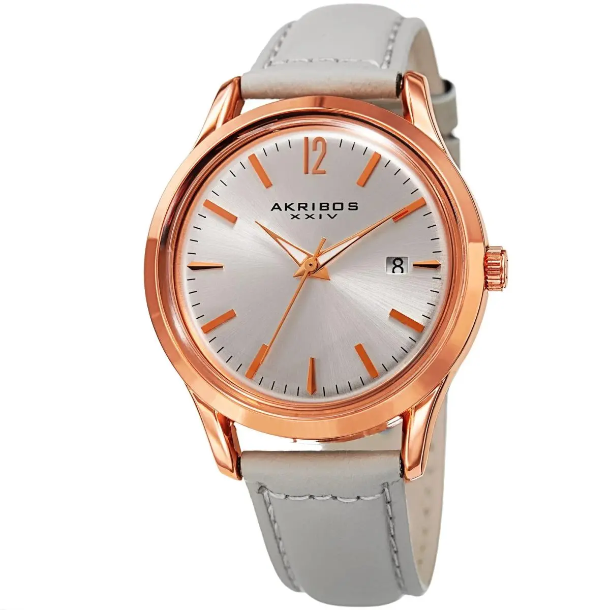 Women`s Akribos Xxiv AK921GY Silver Sunray Dial Light Gray Strap Leather Watch