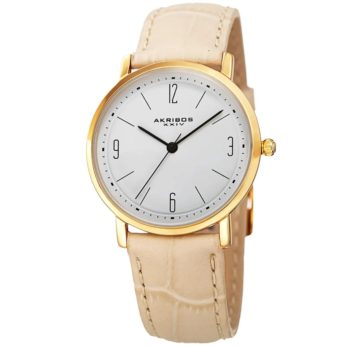 Women`s Akribos Xxiv AK922BG White Dial Leather Embossed Beige Strap Watch
