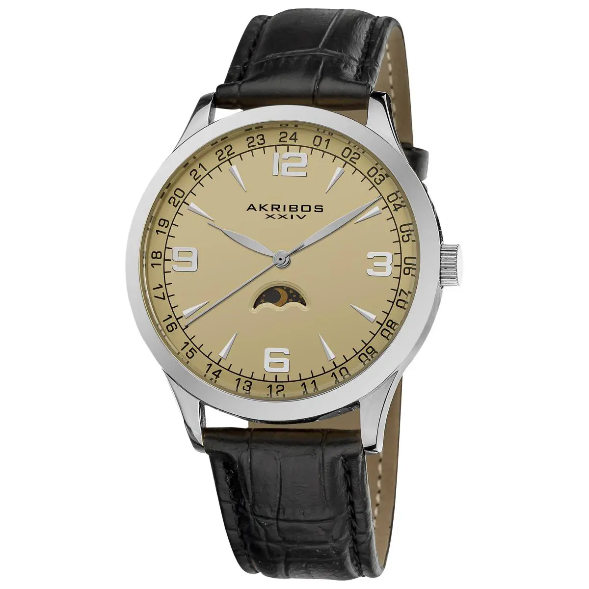 Men`s Akribos Xxiv AK637SSW Swiss Beige Dial Moon Phase Leather Strap Watch by Akribos XXIV