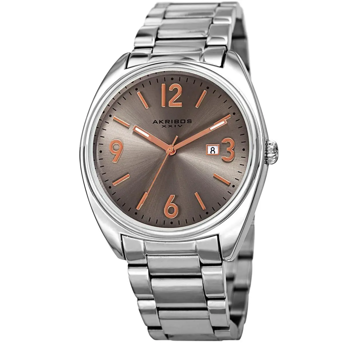 Men`s Akribos Xxiv AK957SS Gun Metal Dial Steel Tonneau Bracelet Watch