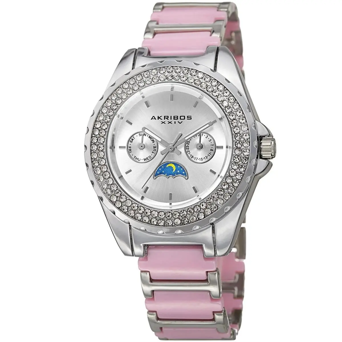 Women`s Akribos Xxiv AK961SSPK Silver Tone Round Crystal Bezel Bracelet Watch