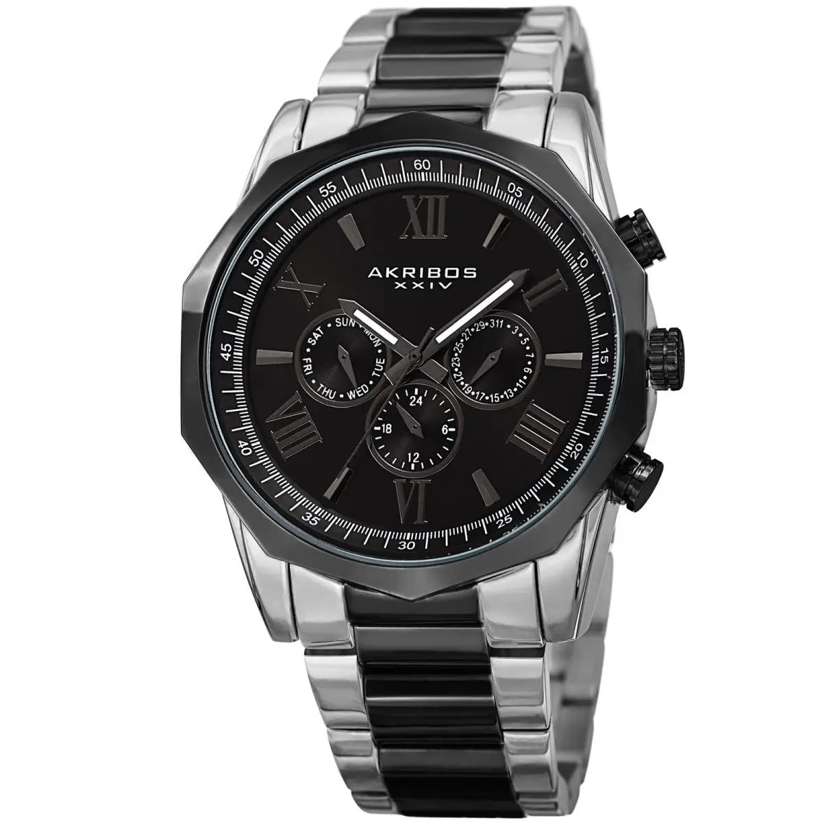 Men`s Akribos Xxiv AK940TTB Two Time Zone Black Dodecagonal Steel Bracelet Watch by Akribos XXIV