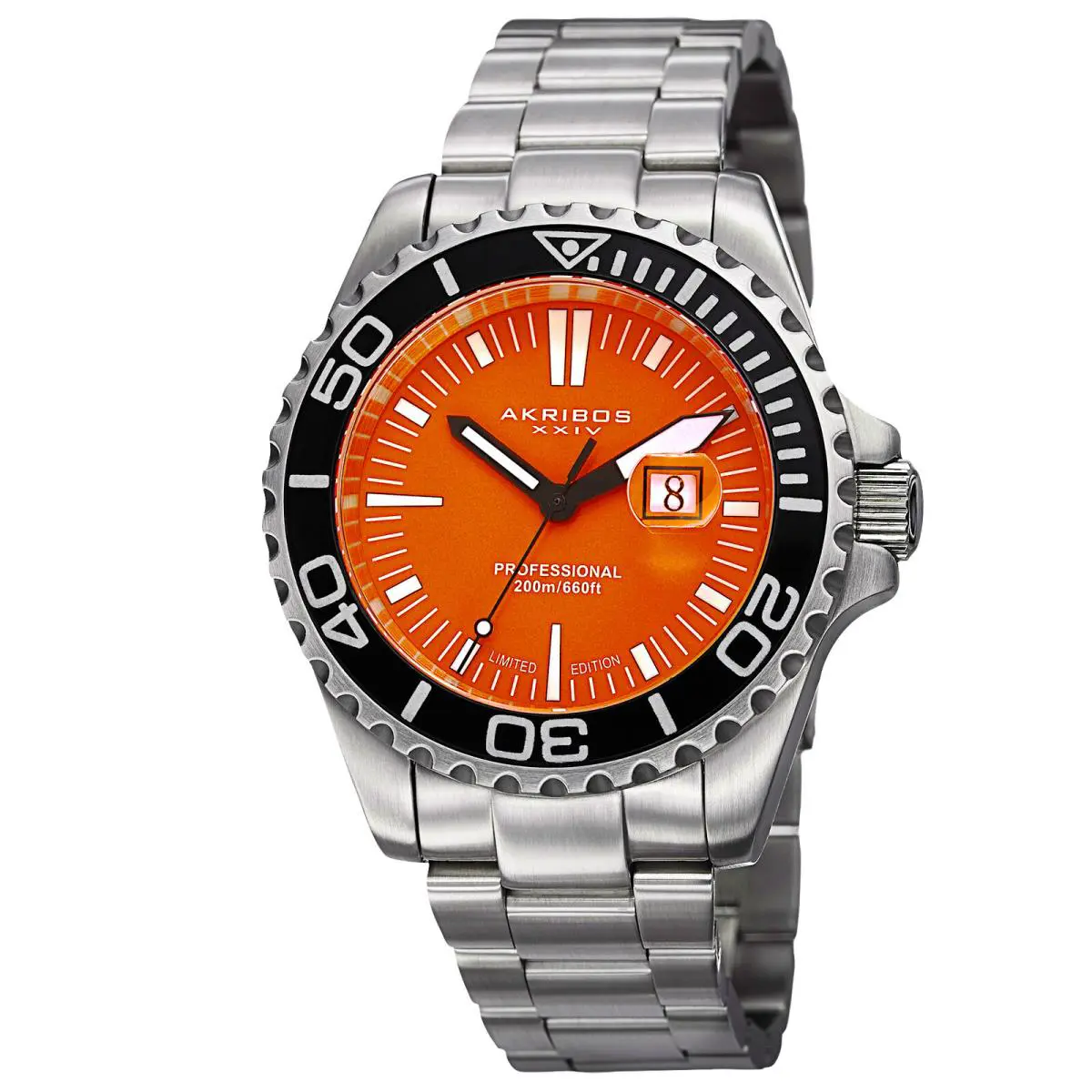 Men`s Akribos Xxiv AK735OR Limited Edition Orange Dial Diver Date Bracelet Watch