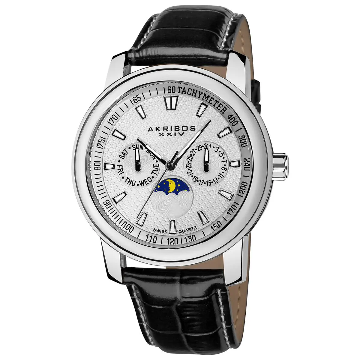 Men`s Akribos Xxiv AK573SS Swiss Quartz Moon Phase Multifunction Strap Watch