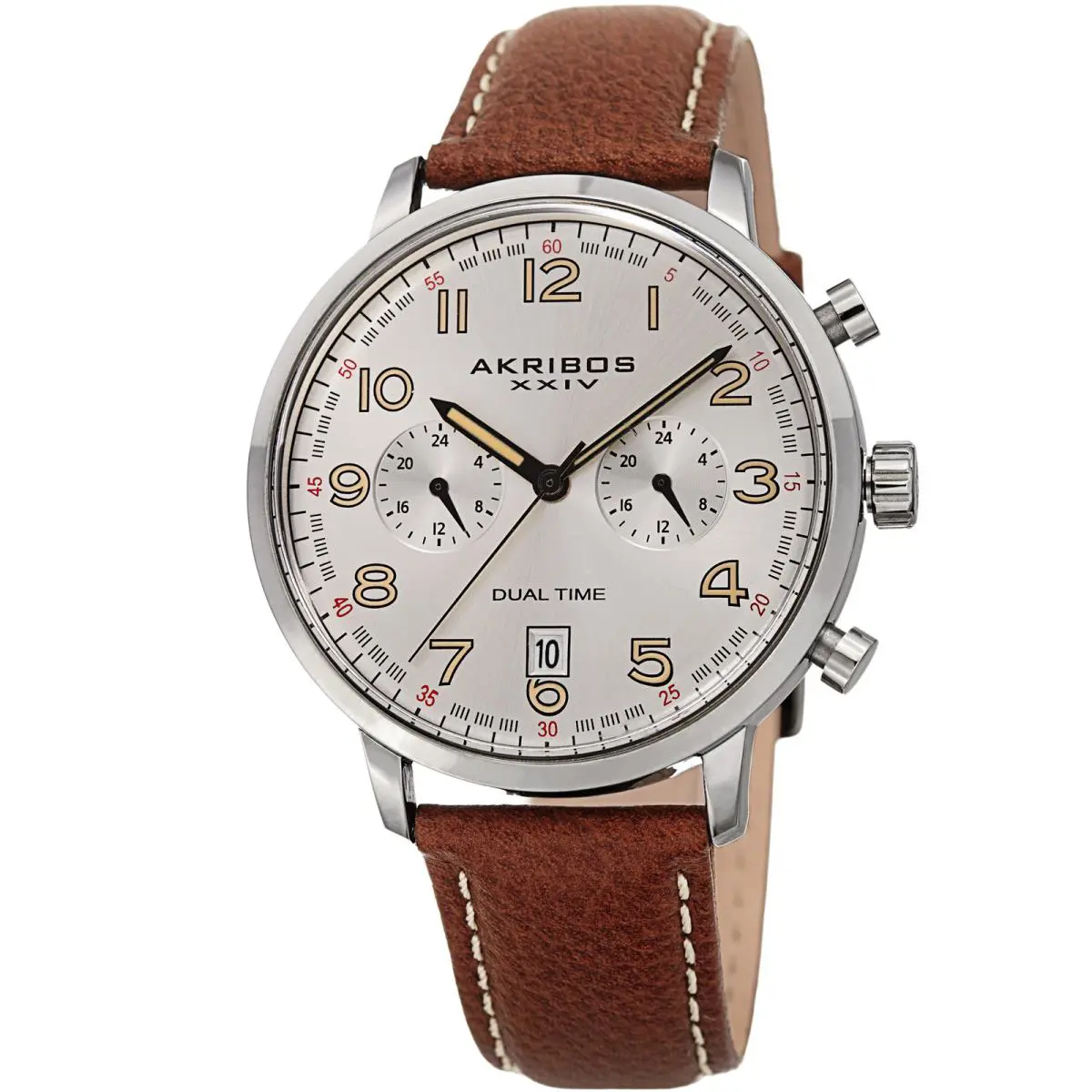 Model Men`s Akribos Xxiv AK1023SSBR Chronograph Tan Leather Strap Watch