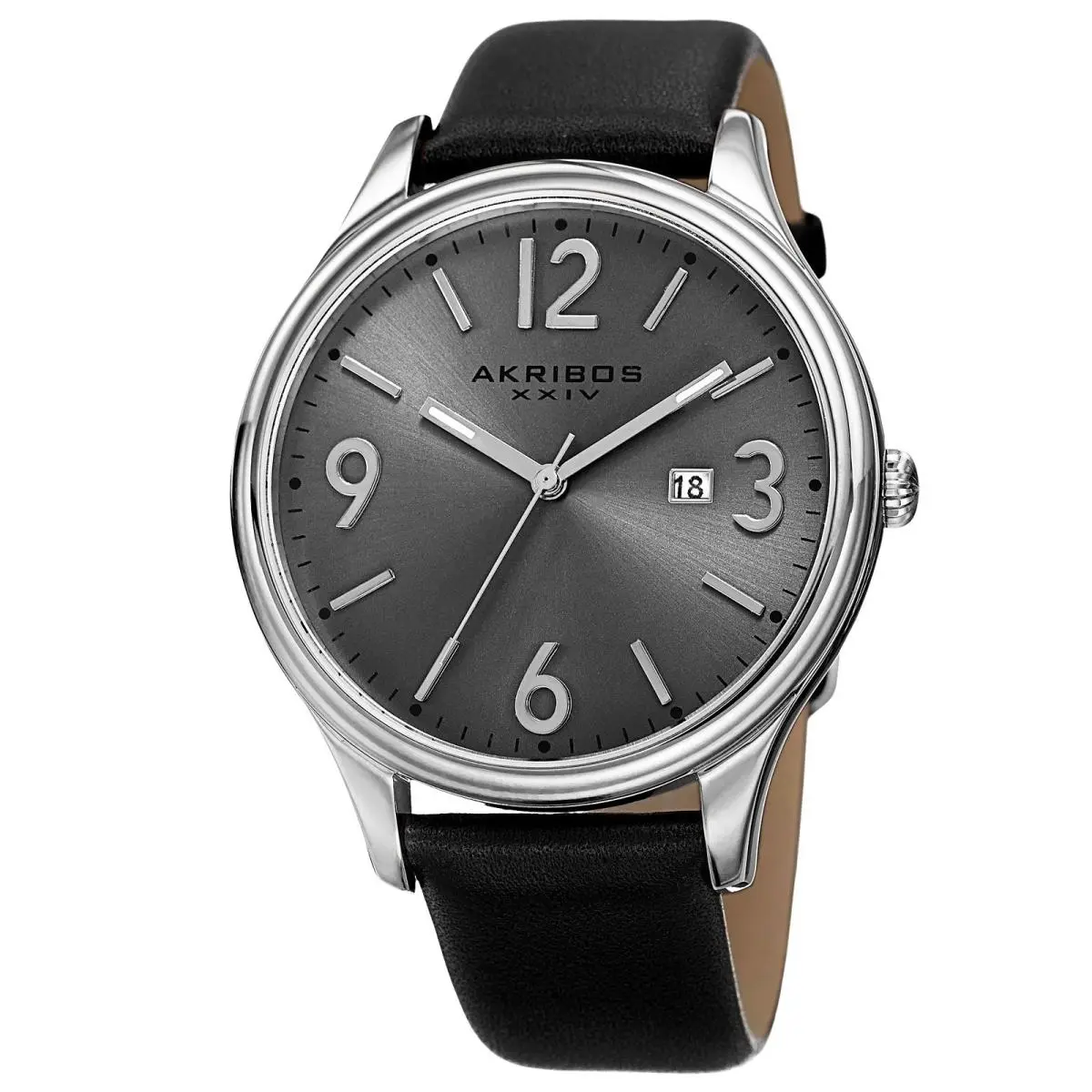 Akribos Xxiv AK869SS Men`s Gunmetal Sunray Date Dial Black Leather Strap Watch