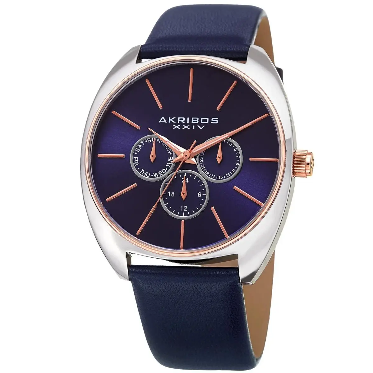 Akribos Xxiv AK998BU Chronograph Rose Silver Tone Blue Leather Strap Men`s Watch