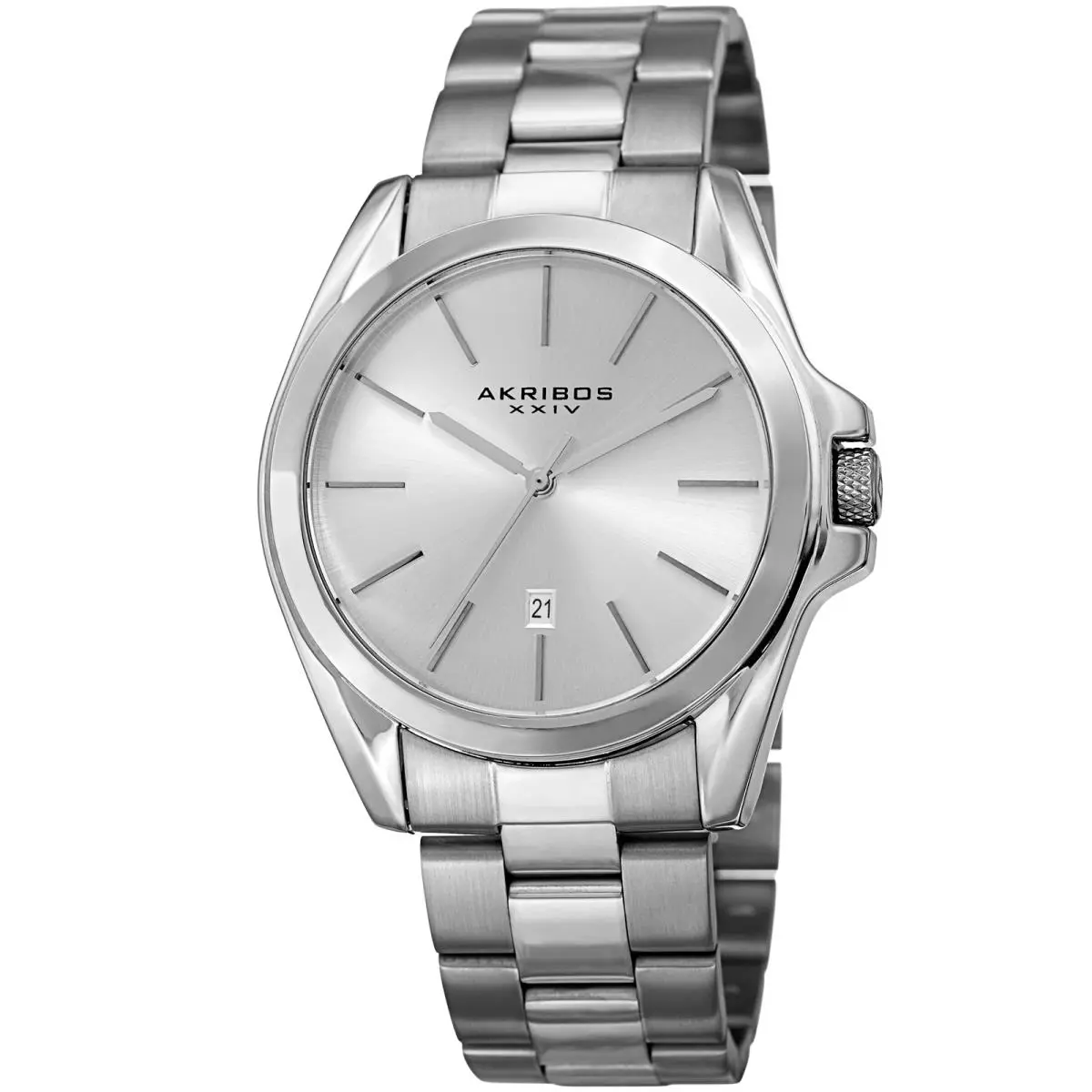 Men`s Akribos Xxiv AK948SS Silver Sunburst Dial Date Quartz Bracelet Watch
