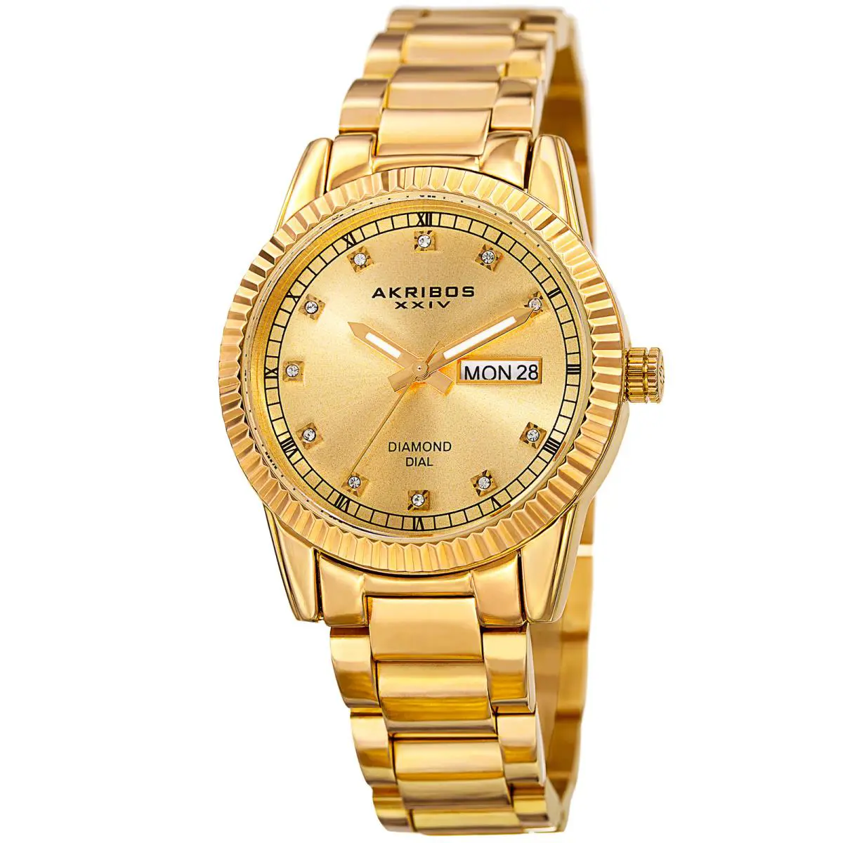 Women`s Akribos Xxiv AK965YG Gold Round Case Diamond Dial Date Bracelet Watch