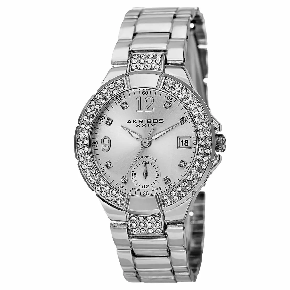 Women`s Akribos Xxiv AK775SS Diamond Markers Crystal Bezel Silver-tone Watch