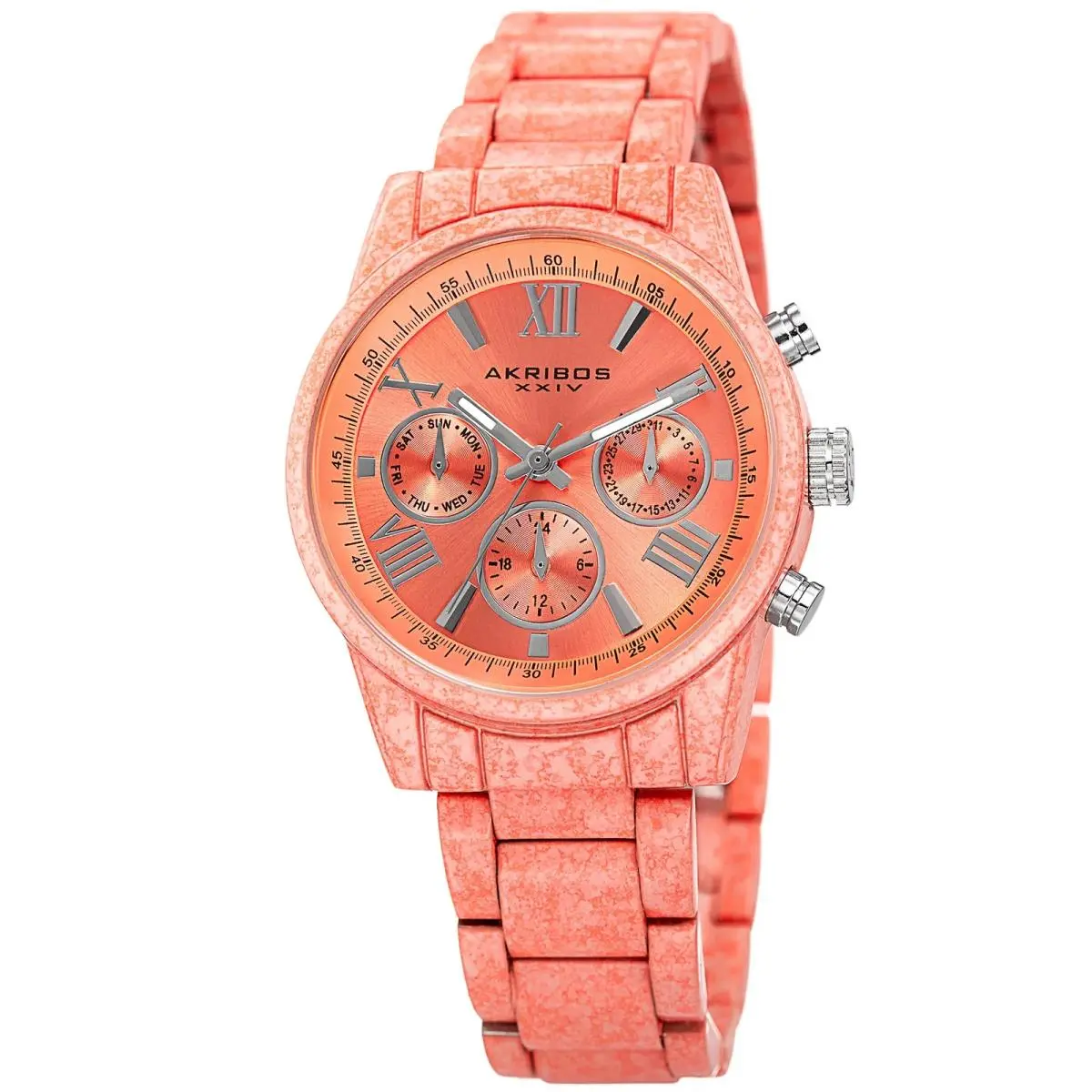 Women`s Akribos Xxiv AK929PCH Peach Dial Silver Marble Design Bracelet Watch