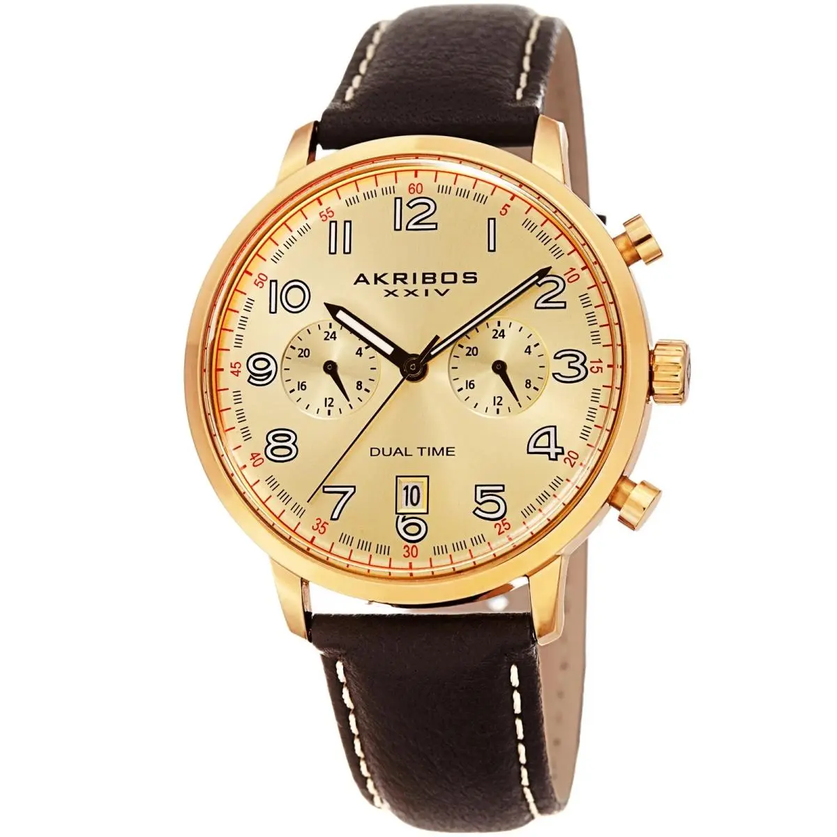 Men`s Akribos Xxiv AK1023YGBR Quatz Chronograph Gold Tone Dark Brown Strap Watch