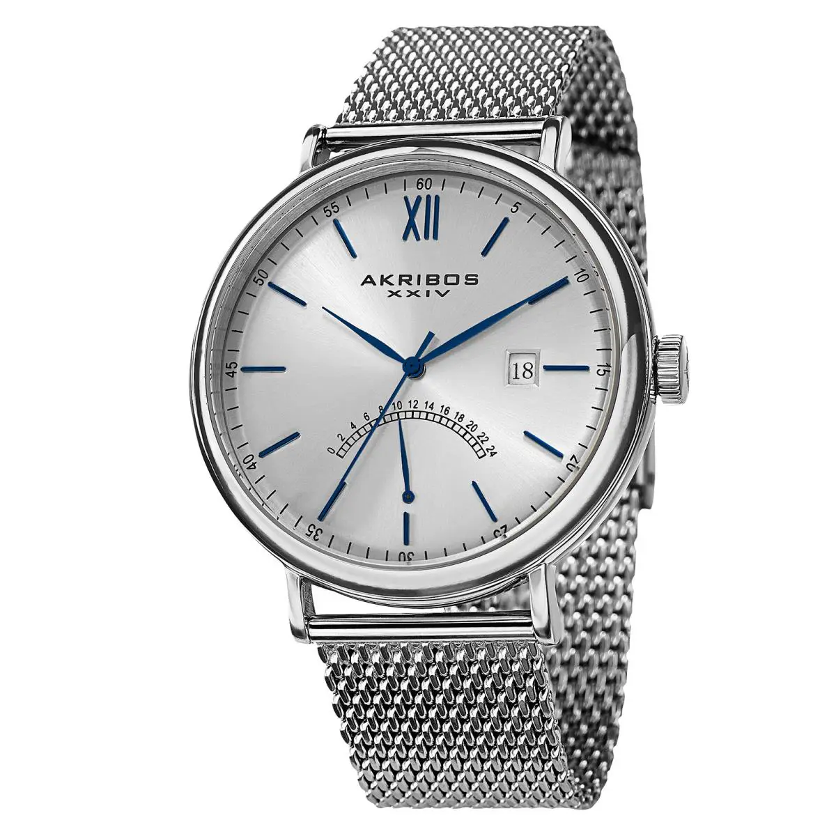 Men`s Akribos Xxiv AK731SSBU Quartz Gmt Silver-tone Dial Date SS Mesh Watch