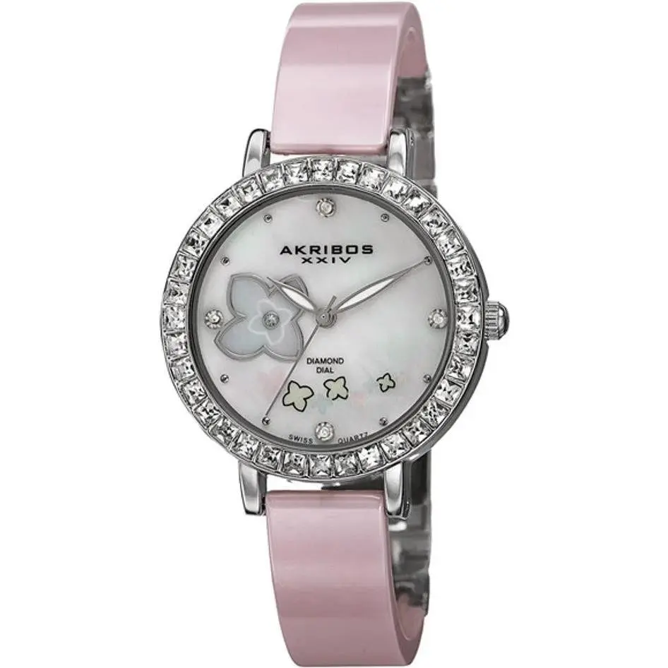 Akribos Xxiv AK762SSPK Swiss Quartz Diamonds Flower Silver Bangle Womens Watch