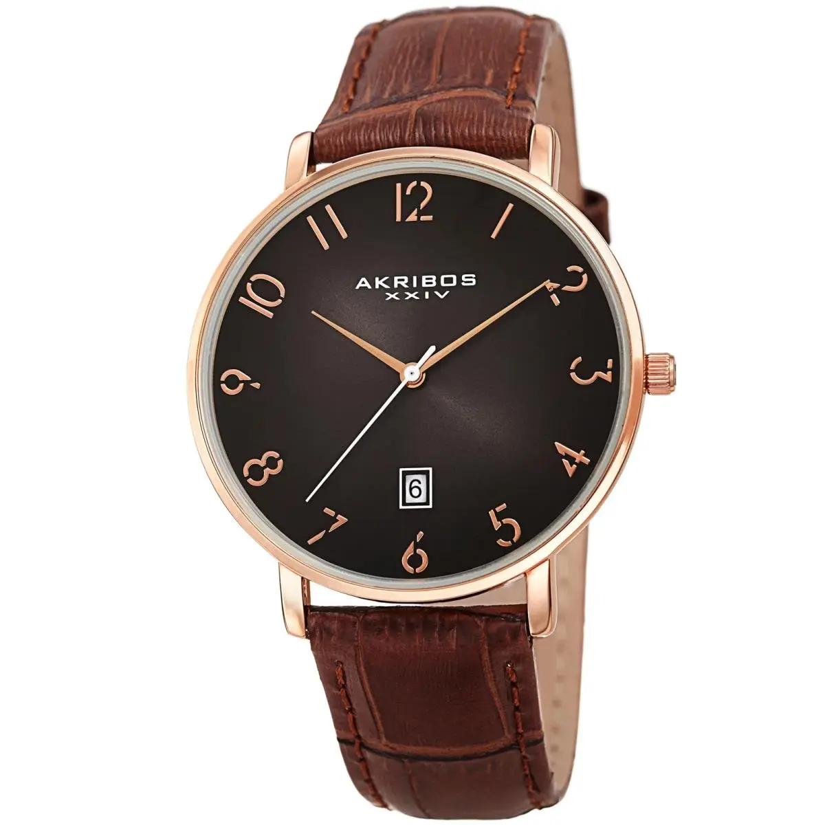 Men`s Akribos Xxiv AK1077RG Quartz Ombre Grey Dial Strap Brown Leather Watch