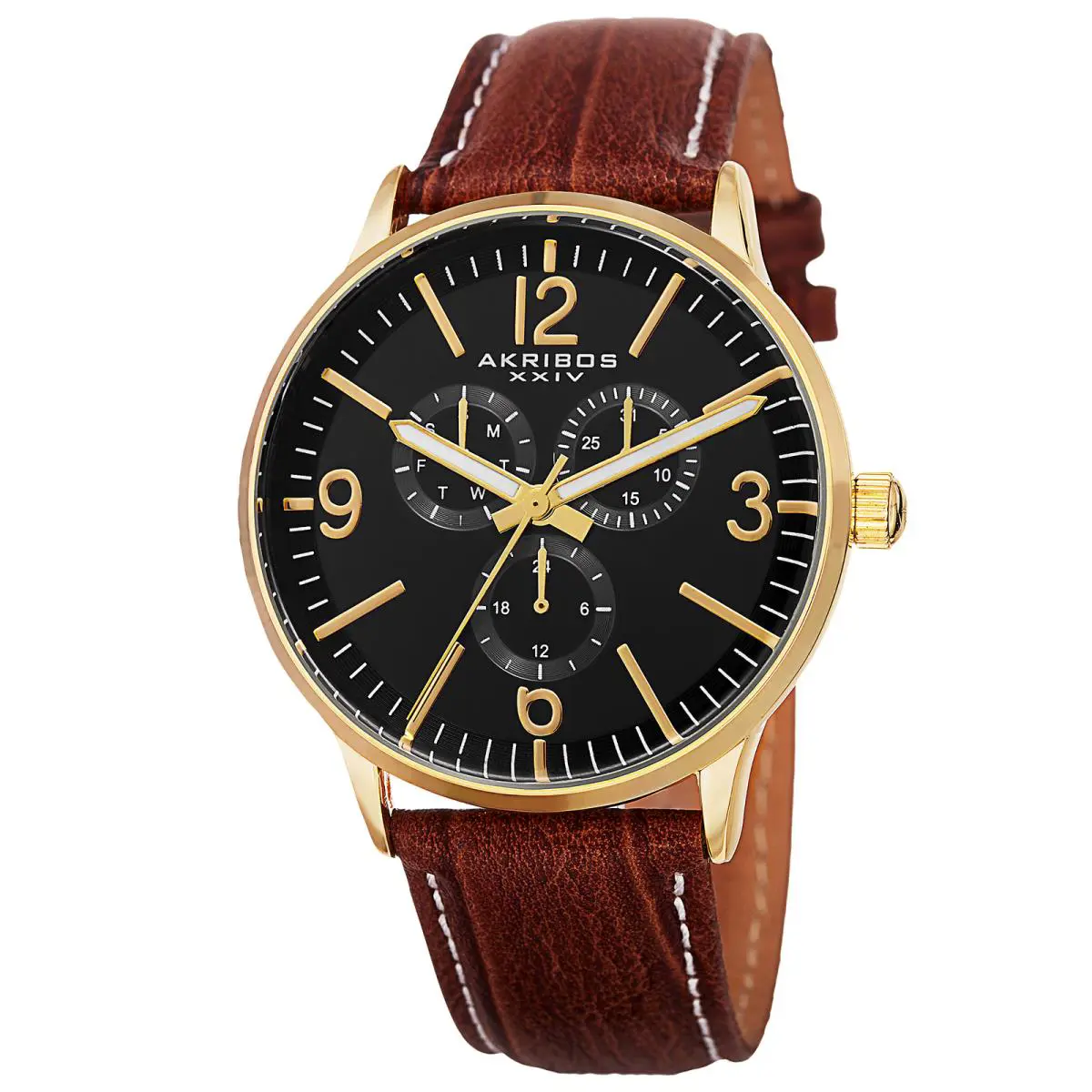 Men`s Akribos Xxiv AK769YG Gold-tone Quartz Multifunction Leather Strap Watch