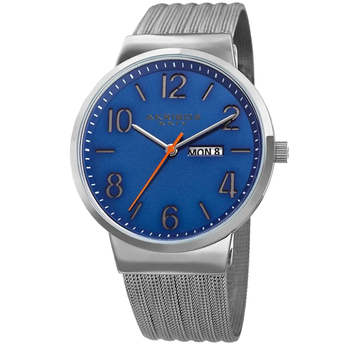 Akribos Xxiv AK996SSBU Date Silver Tone Stainless Steel Mesh Strap Men`s Watch